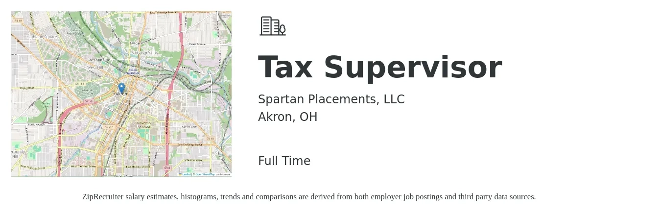 Spartan Placements, LLC job posting for a Tax Supervisor in Akron, OH with a salary of $106,200 to $139,200 Yearly with a map of Akron location.