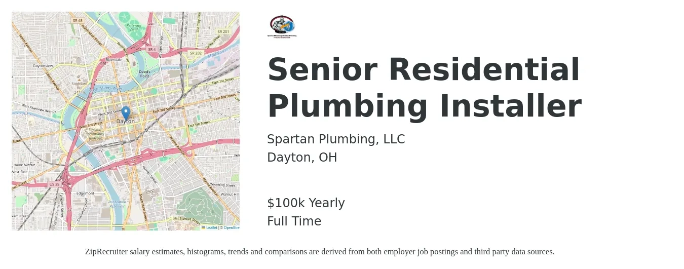 Spartan Plumbing, LLC job posting for a Senior Residential Plumbing Installer in Dayton, OH with a salary of $100,000 Yearly with a map of Dayton location.