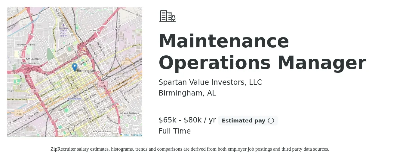 Spartan Value Investors, LLC job posting for a Maintenance Operations Manager in Birmingham, AL with a salary of $65,000 to $80,000 Yearly with a map of Birmingham location.