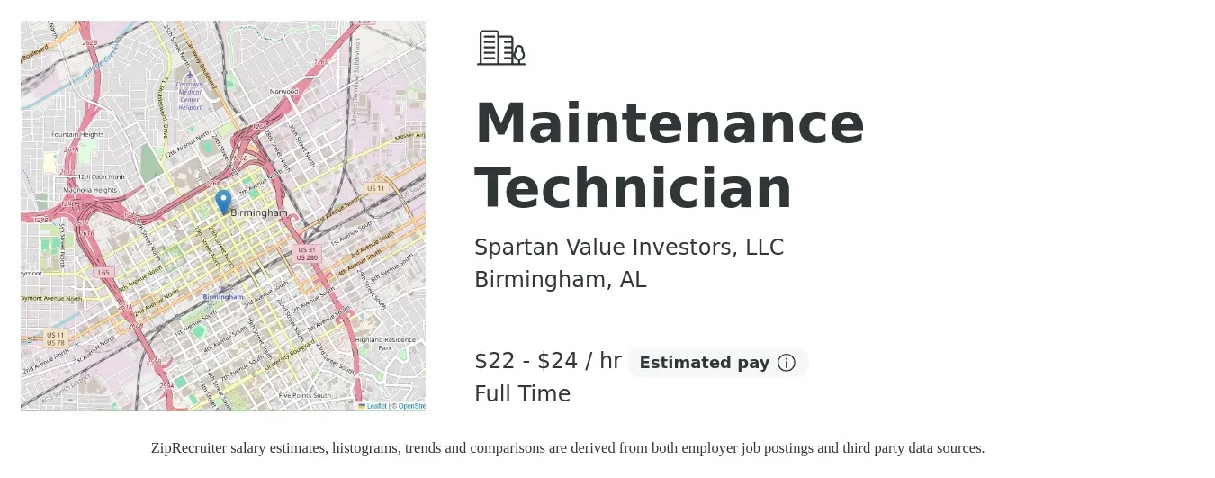 Spartan Value Investors, LLC job posting for a Maintenance Technician in Birmingham, AL with a salary of $23 to $25 Hourly with a map of Birmingham location.