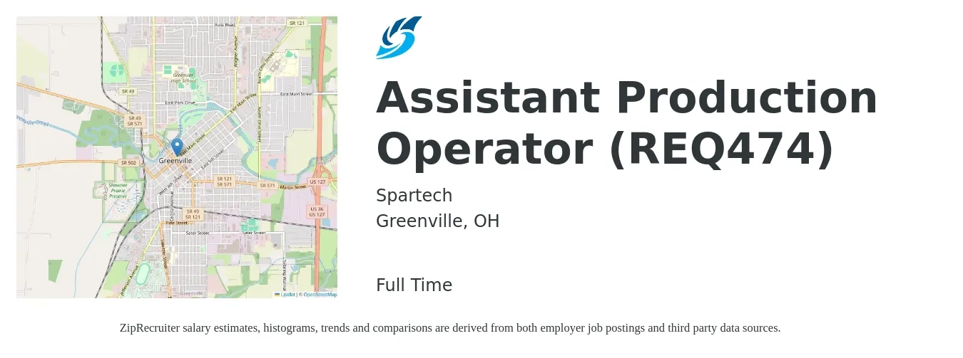 Spartech job posting for a Assistant Production Operator (REQ474) in Greenville, OH with a salary of $17 Hourly with a map of Greenville location.