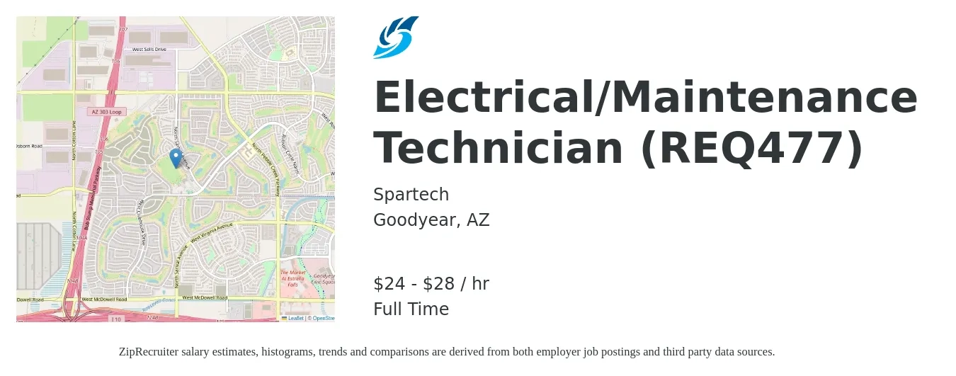 Spartech job posting for a Electrical/Maintenance Technician (REQ477) in Goodyear, AZ with a salary of $25 to $30 Hourly with a map of Goodyear location.