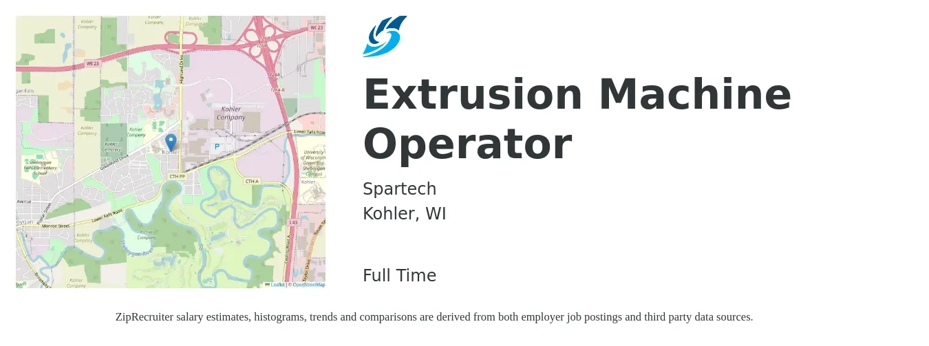 Spartech job posting for a Extrusion Machine Operator in Kohler, WI with a salary of $25 Hourly with a map of Kohler location.