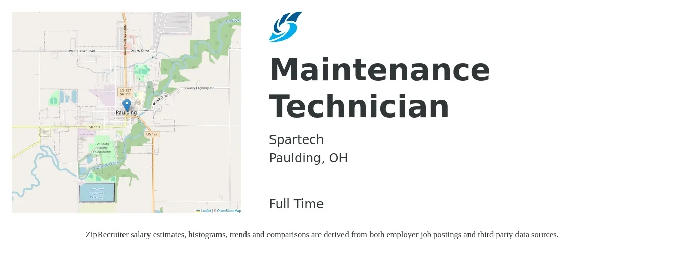 Spartech job posting for a Maintenance Technician in Paulding, OH with a salary of $26 to $30 Hourly with a map of Paulding location.