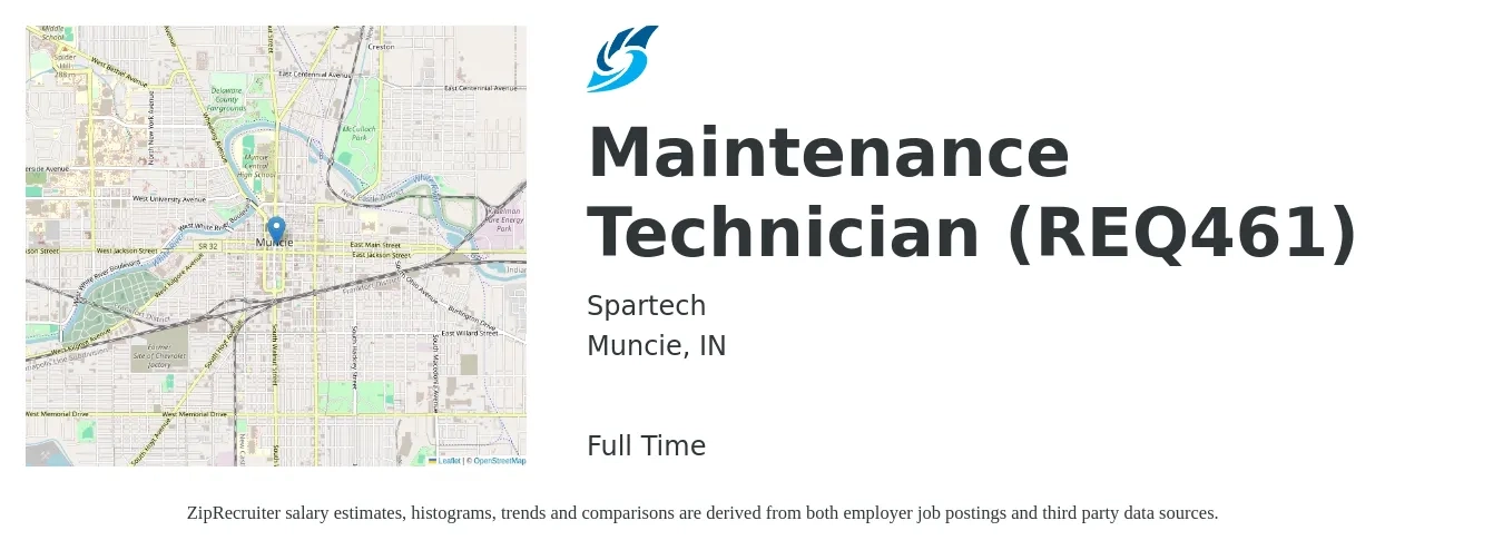 Spartech job posting for a Maintenance Technician (REQ461) in Muncie, IN with a salary of $18 to $25 Hourly with a map of Muncie location.