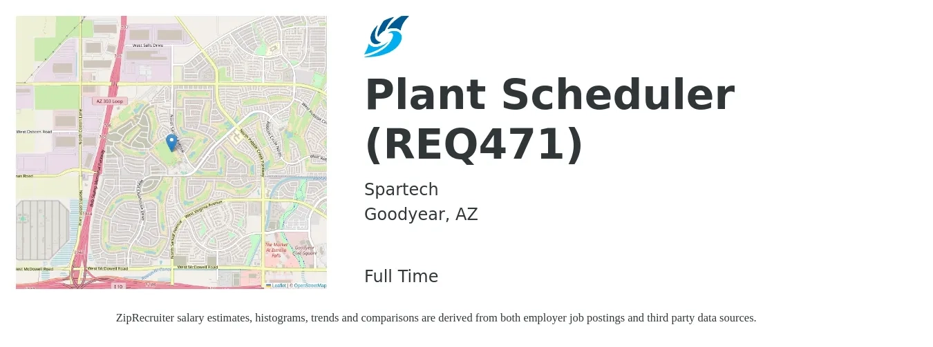 Spartech job posting for a Plant Scheduler (REQ471) in Goodyear, AZ with a salary of $52,800 to $98,400 Yearly with a map of Goodyear location.
