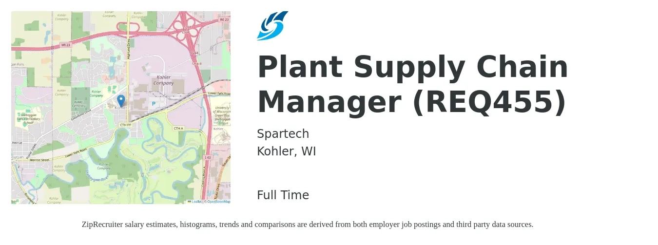 Spartech job posting for a Plant Supply Chain Manager (REQ455) in Kohler, WI with a salary of $81,500 to $122,200 Yearly with a map of Kohler location.
