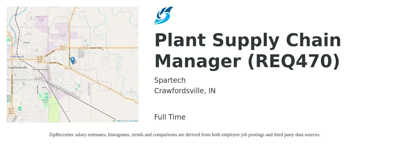 Spartech job posting for a Plant Supply Chain Manager (REQ470) in Crawfordsville, IN with a salary of $77,800 to $116,700 Yearly with a map of Crawfordsville location.