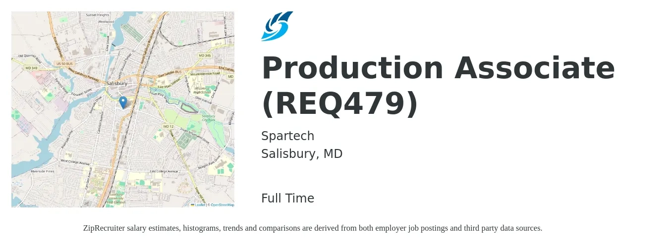 Spartech job posting for a Production Associate (REQ479) in Salisbury, MD with a salary of $15 to $19 Hourly with a map of Salisbury location.