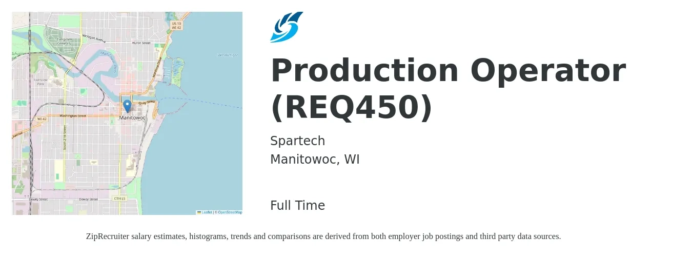 Spartech job posting for a Production Operator (REQ450) in Manitowoc, WI with a salary of $22 Hourly with a map of Manitowoc location.