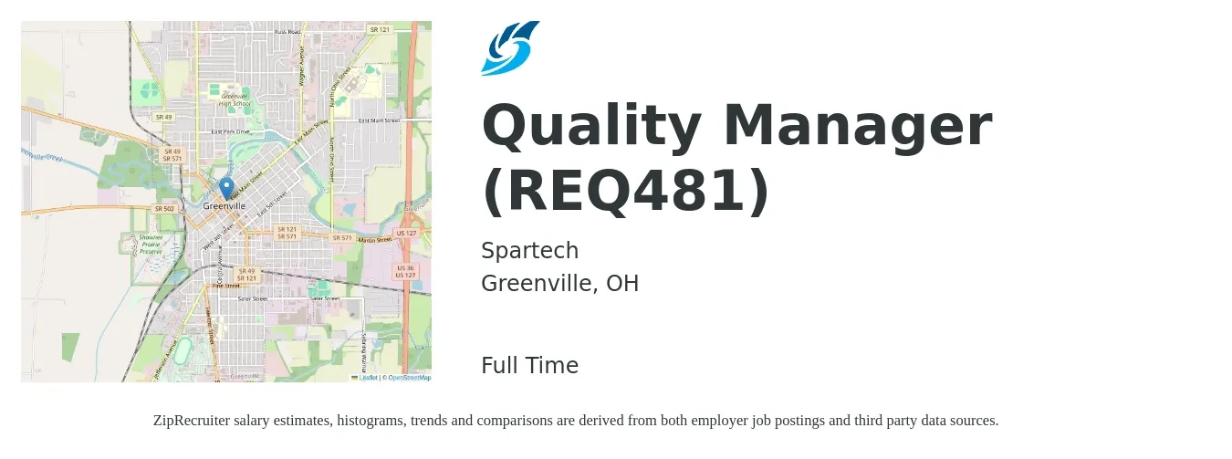 Spartech job posting for a Quality Manager (REQ481) in Greenville, OH with a salary of $64,900 to $101,300 Yearly with a map of Greenville location.