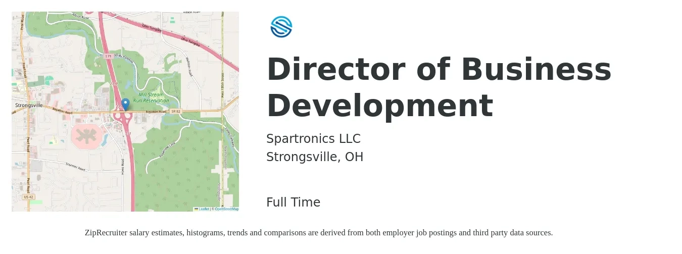 Spartronics LLC job posting for a Director of Business Development in Strongsville, OH with a salary of $86,300 to $139,800 Yearly with a map of Strongsville location.