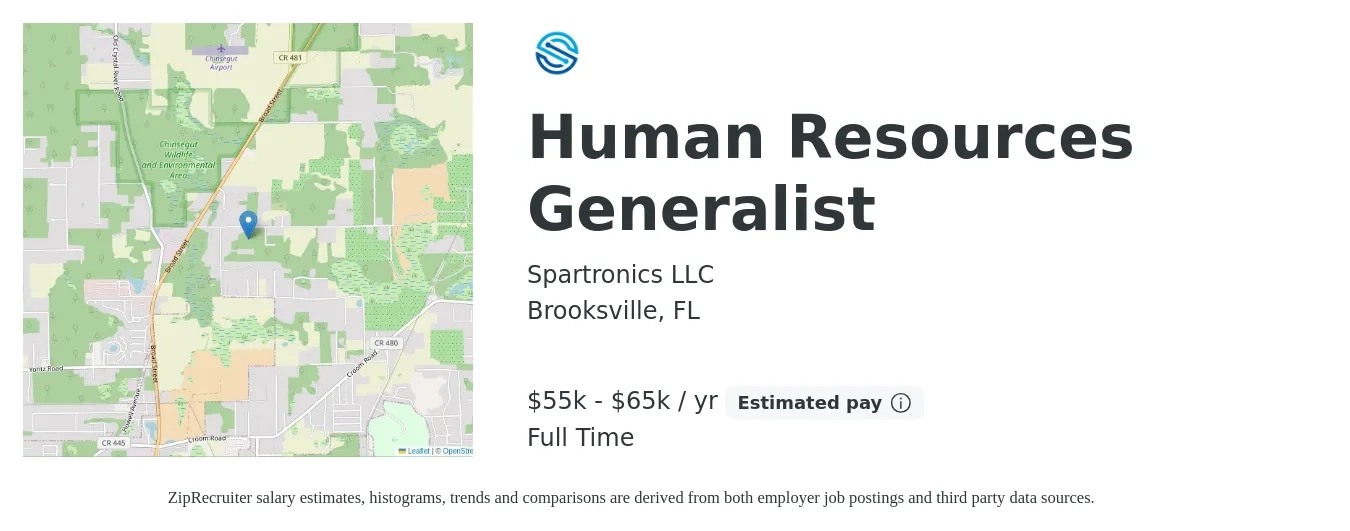 Spartronics LLC job posting for a Human Resources Generalist in Brooksville, FL with a salary of $55,000 to $65,000 Yearly with a map of Brooksville location.