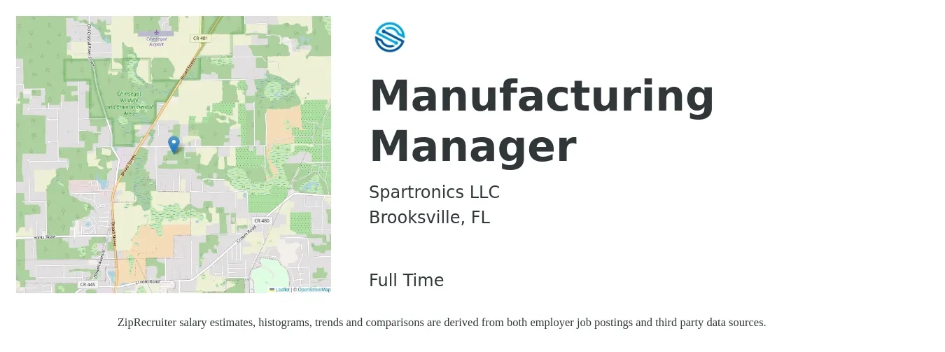 Spartronics LLC job posting for a Manufacturing Manager in Brooksville, FL with a salary of $63,600 to $97,300 Yearly with a map of Brooksville location.
