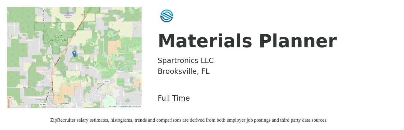 Spartronics LLC job posting for a Materials Planner in Brooksville, FL with a salary of $22 to $31 Hourly with a map of Brooksville location.