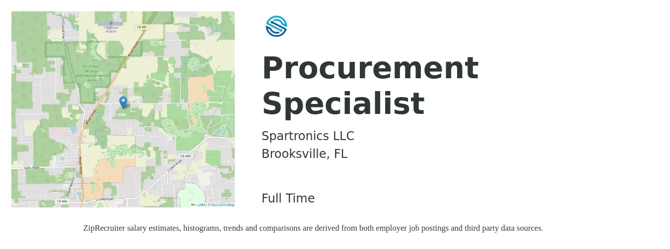 Spartronics LLC job posting for a Procurement Specialist in Brooksville, FL with a salary of $20 to $31 Hourly with a map of Brooksville location.