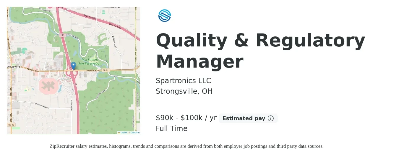 Spartronics LLC job posting for a Quality & Regulatory Manager in Strongsville, OH with a salary of $65,000 to $101,500 Yearly with a map of Strongsville location.