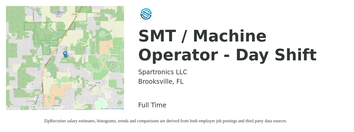 Spartronics LLC job posting for a SMT / Machine Operator - Day Shift in Brooksville, FL with a salary of $14 to $17 Hourly with a map of Brooksville location.