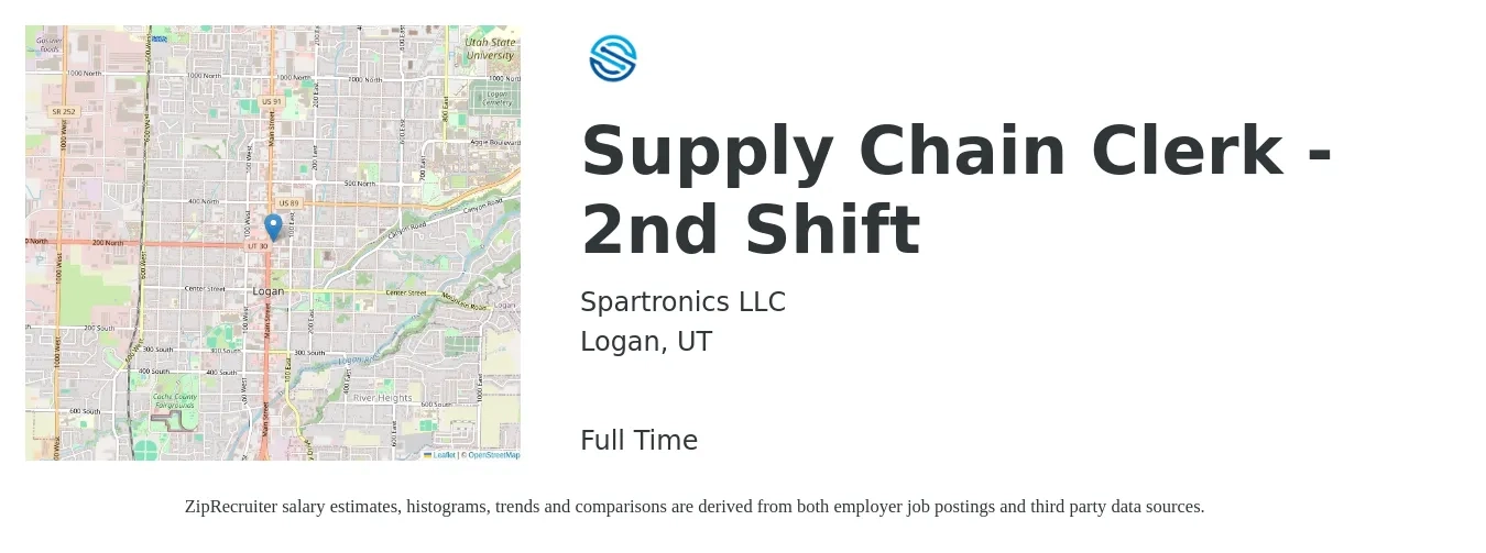 Spartronics LLC job posting for a Supply Chain Clerk - 2nd Shift in Logan, UT with a salary of $17 to $19 Hourly with a map of Logan location.