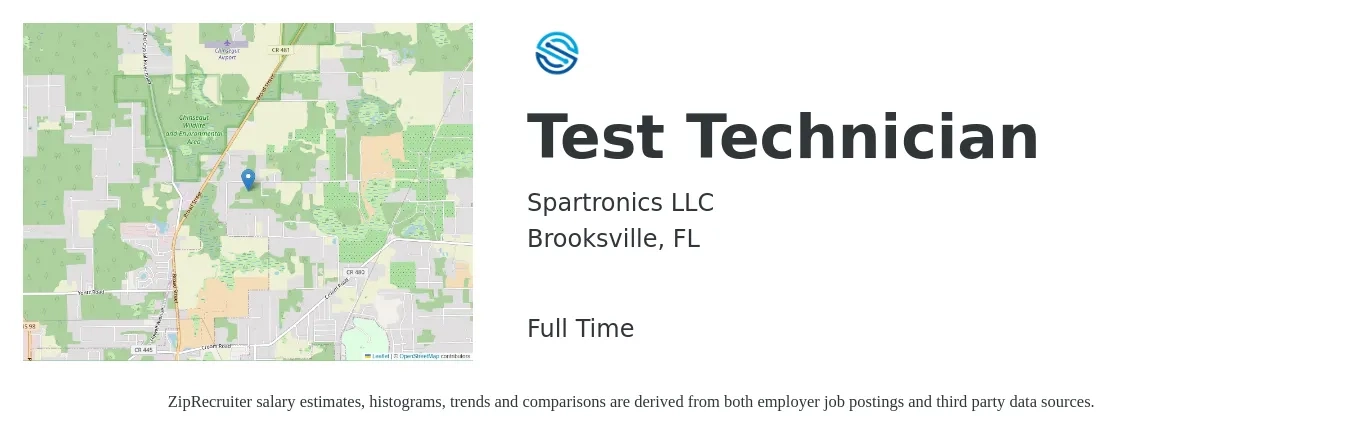 Spartronics LLC job posting for a Test Technician in Brooksville, FL with a salary of $17 to $24 Hourly with a map of Brooksville location.