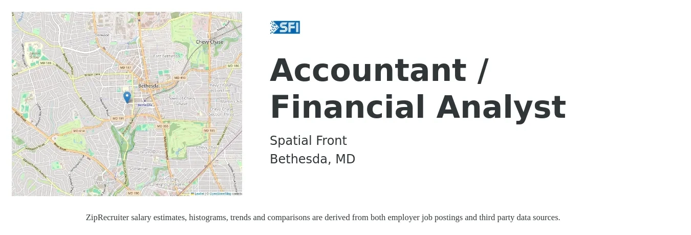 Spatial Front job posting for a Accountant / Financial Analyst in Bethesda, MD with a salary of $64,300 to $89,000 Yearly with a map of Bethesda location.