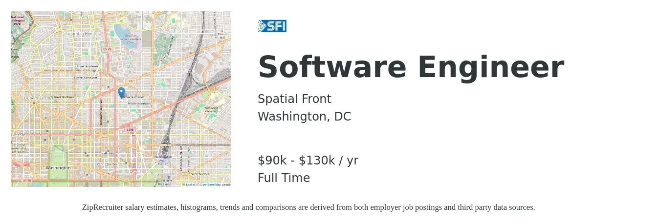 Spatial Front job posting for a Software Engineer in Washington, DC with a salary of $90,000 to $130,000 Yearly with a map of Washington location.