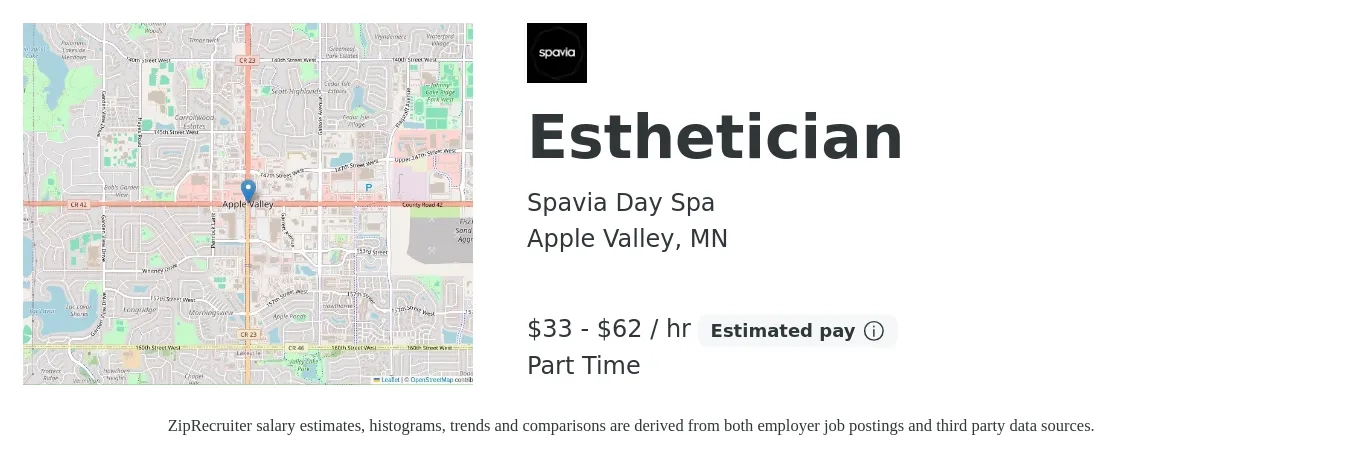 Spavia Day Spa job posting for a Esthetician in Apple Valley, MN with a salary of $35 to $65 Hourly with a map of Apple Valley location.