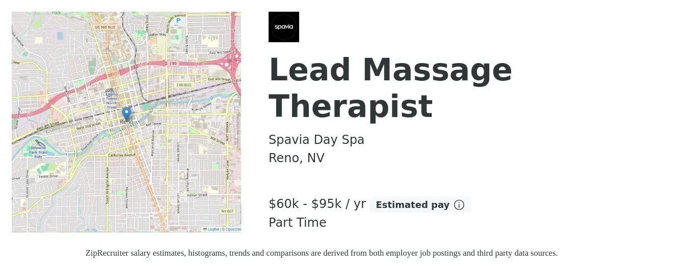 Spavia Day Spa job posting for a Lead Massage Therapist in Reno, NV with a salary of $60,000 to $95,000 Yearly with a map of Reno location.