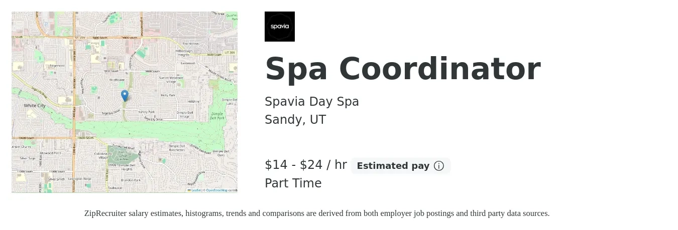 Spavia Day Spa job posting for a Spa Coordinator in Sandy, UT with a salary of $15 to $25 Hourly with a map of Sandy location.