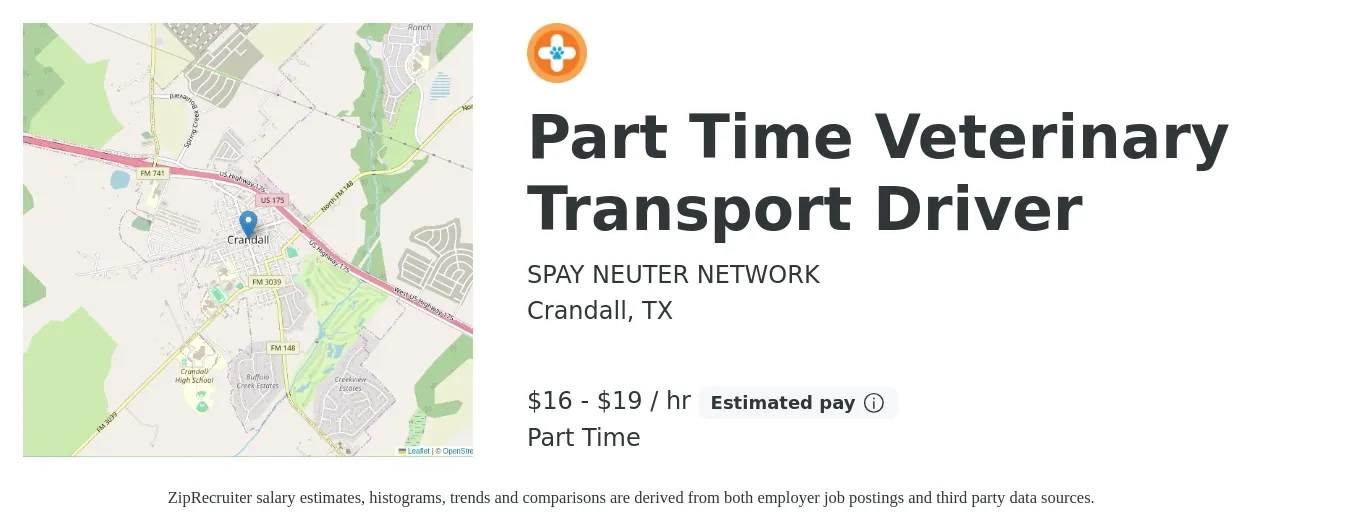 SPAY NEUTER NETWORK job posting for a Part Time Veterinary Transport Driver in Crandall, TX with a salary of $18 to $20 Hourly with a map of Crandall location.
