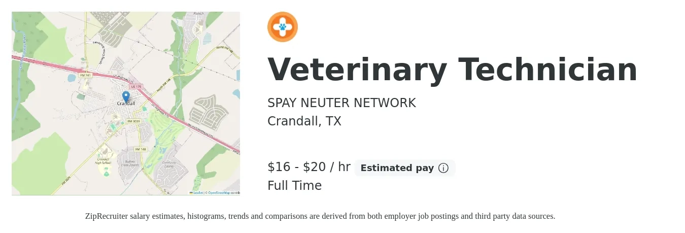 SPAY NEUTER NETWORK job posting for a Veterinary Technician in Crandall, TX with a salary of $17 to $21 Hourly with a map of Crandall location.