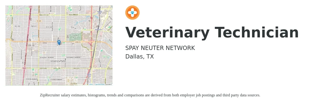 SPAY NEUTER NETWORK job posting for a Veterinary Technician in Dallas, TX with a salary of $17 to $21 Hourly with a map of Dallas location.