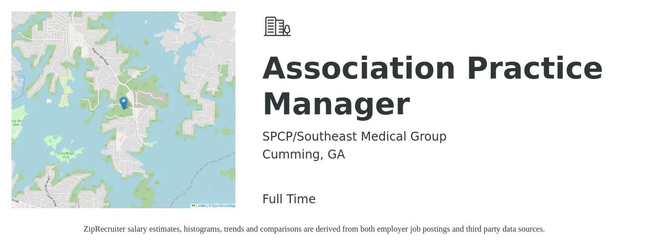 SPCP/Southeast Medical Group job posting for a Association Practice Manager in Cumming, GA with a salary of $51,000 to $70,700 Yearly with a map of Cumming location.