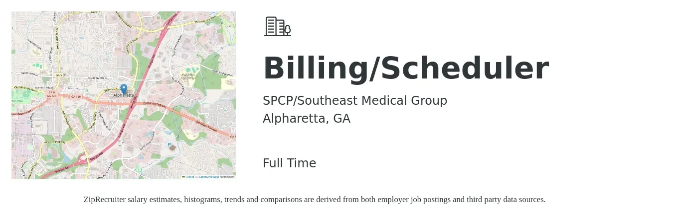 SPCP/Southeast Medical Group job posting for a Billing/Scheduler in Alpharetta, GA with a salary of $18 to $22 Hourly with a map of Alpharetta location.