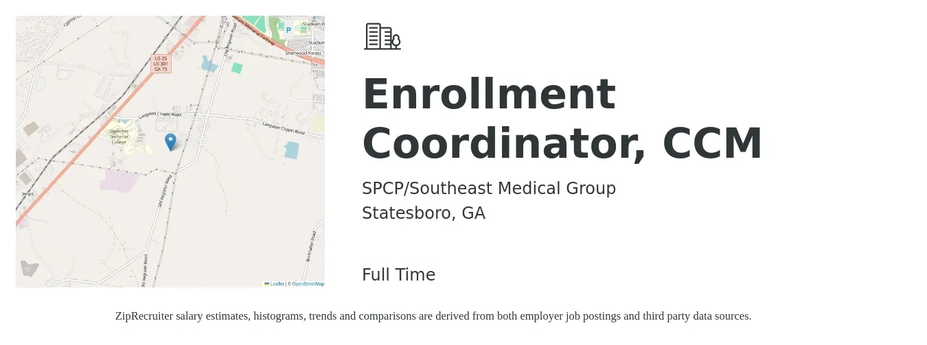 SPCP/Southeast Medical Group job posting for a Enrollment Coordinator, CCM in Statesboro, GA with a salary of $16 to $22 Hourly with a map of Statesboro location.