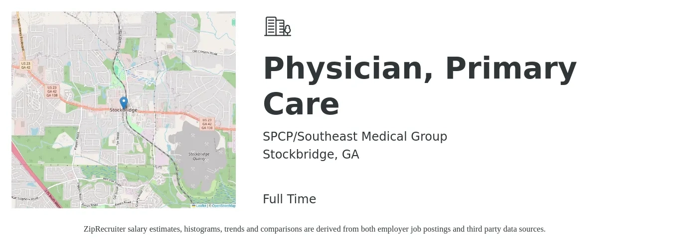 SPCP/Southeast Medical Group job posting for a Physician, Primary Care in Stockbridge, GA with a salary of $162,000 to $208,500 Yearly with a map of Stockbridge location.
