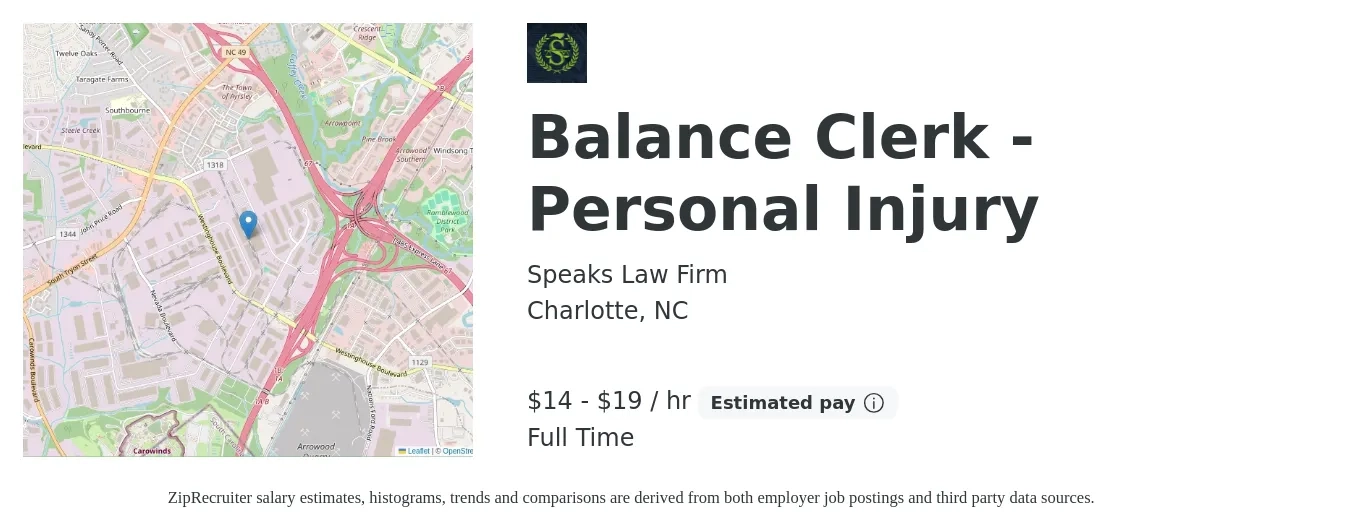 Speaks Law Firm job posting for a Balance Clerk - Personal Injury in Charlotte, NC with a salary of $15 to $20 Hourly with a map of Charlotte location.