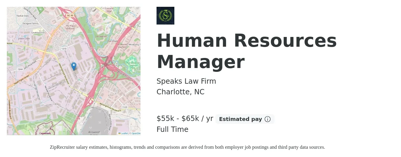 Speaks Law Firm job posting for a Human Resources Manager in Charlotte, NC with a salary of $55,000 to $65,000 Yearly with a map of Charlotte location.