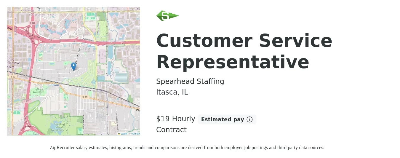 Spearhead Staffing job posting for a Customer Service Representative in Itasca, IL with a salary of $20 Hourly with a map of Itasca location.