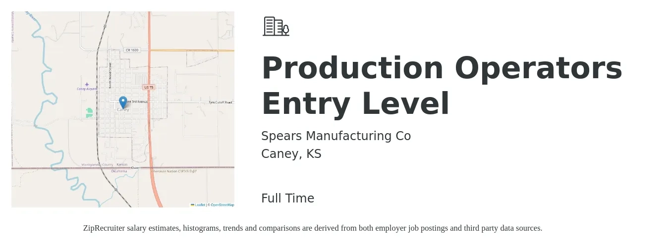 Spears Manufacturing Co job posting for a Production Operators Entry Level in Caney, KS with a salary of $14 to $17 Hourly with a map of Caney location.