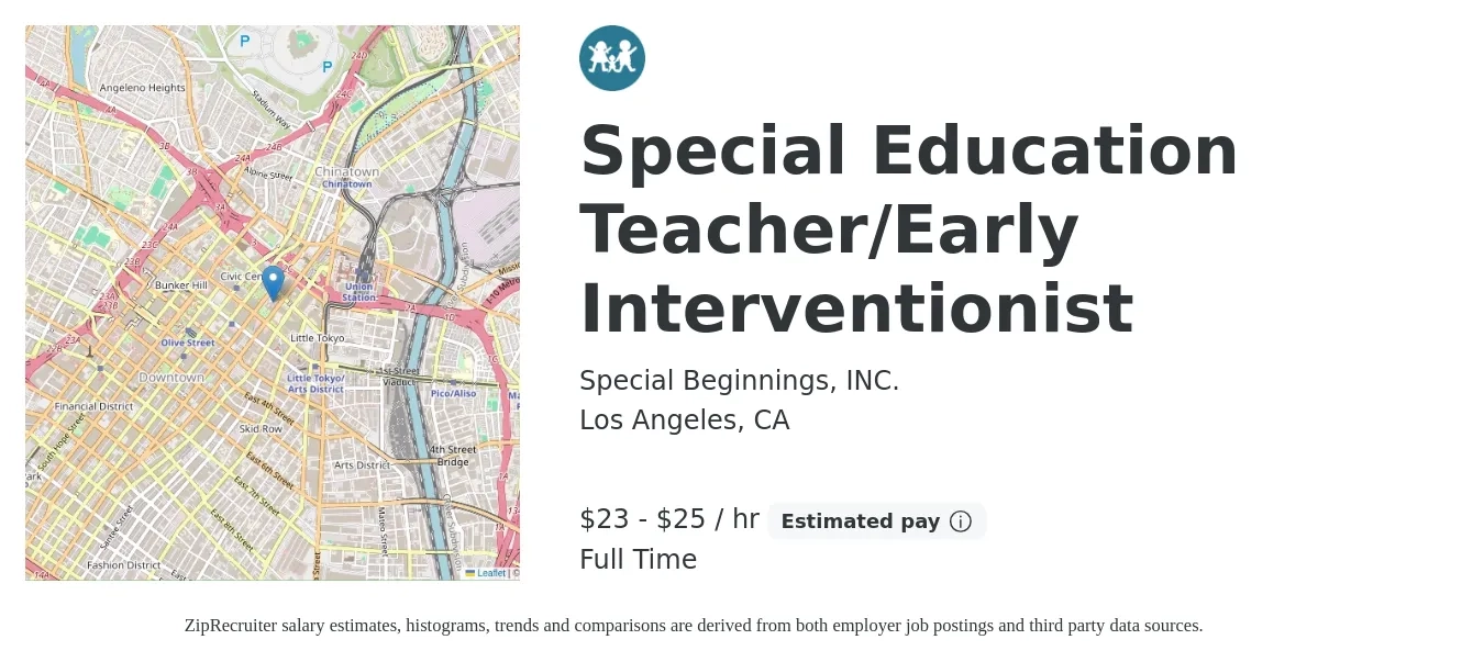 Special Beginnings, INC. job posting for a Special Education Teacher/Early Interventionist in Los Angeles, CA with a salary of $24 to $26 Hourly with a map of Los Angeles location.