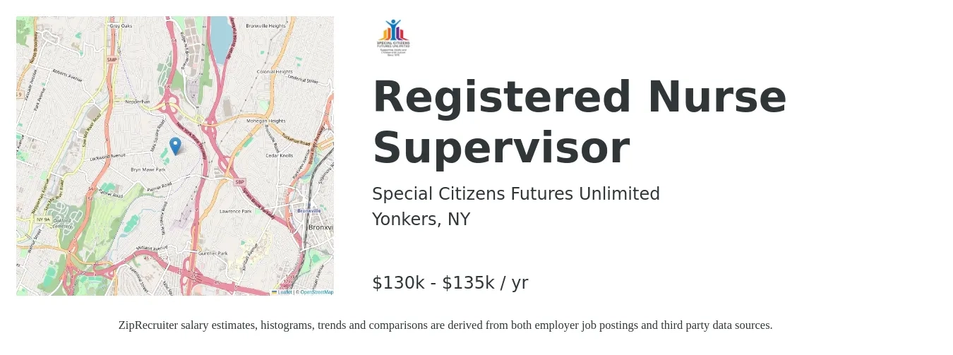 Special Citizens Futures Unlimited job posting for a Registered Nurse Supervisor in Yonkers, NY with a salary of $130,000 to $135,000 Yearly with a map of Yonkers location.