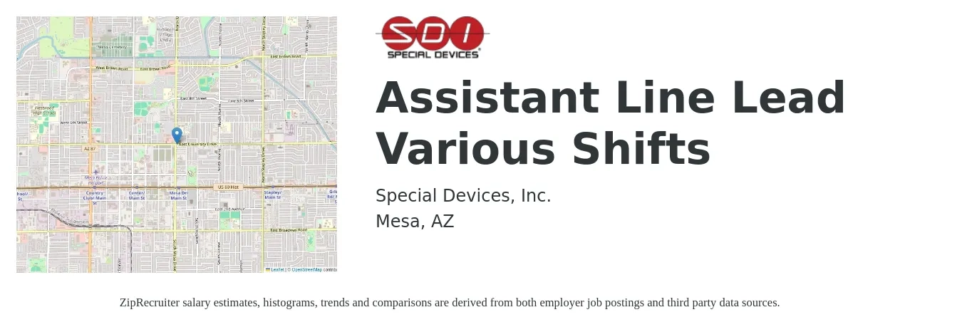 Special Devices, Inc. job posting for a Assistant Line Lead Various Shifts in Mesa, AZ with a map of Mesa location.