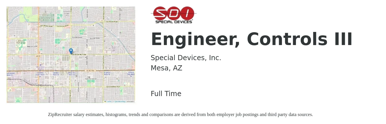Special Devices, Inc. job posting for a Engineer, Controls III in Mesa, AZ with a salary of $84,700 to $109,600 Yearly with a map of Mesa location.