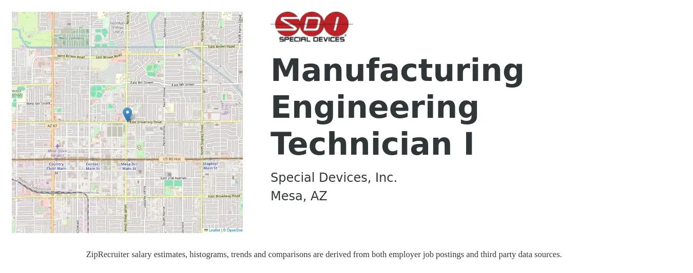 Special Devices, Inc. job posting for a Manufacturing Engineering Technician I in Mesa, AZ with a salary of $24 to $35 Hourly with a map of Mesa location.