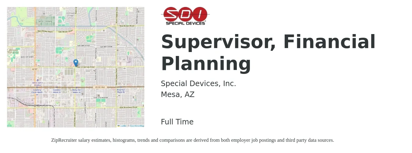 Special Devices, Inc. job posting for a Supervisor, Financial Planning in Mesa, AZ with a salary of $95,900 to $170,500 Yearly with a map of Mesa location.