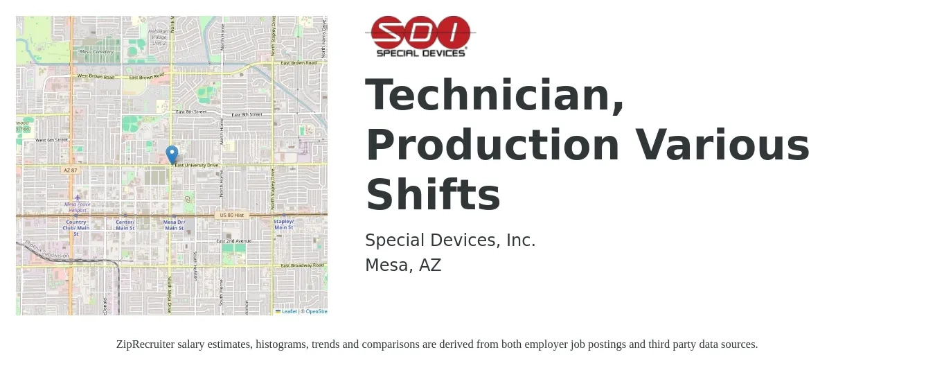 Special Devices, Inc. job posting for a Technician, Production Various Shifts in Mesa, AZ with a salary of $18 to $22 Hourly with a map of Mesa location.