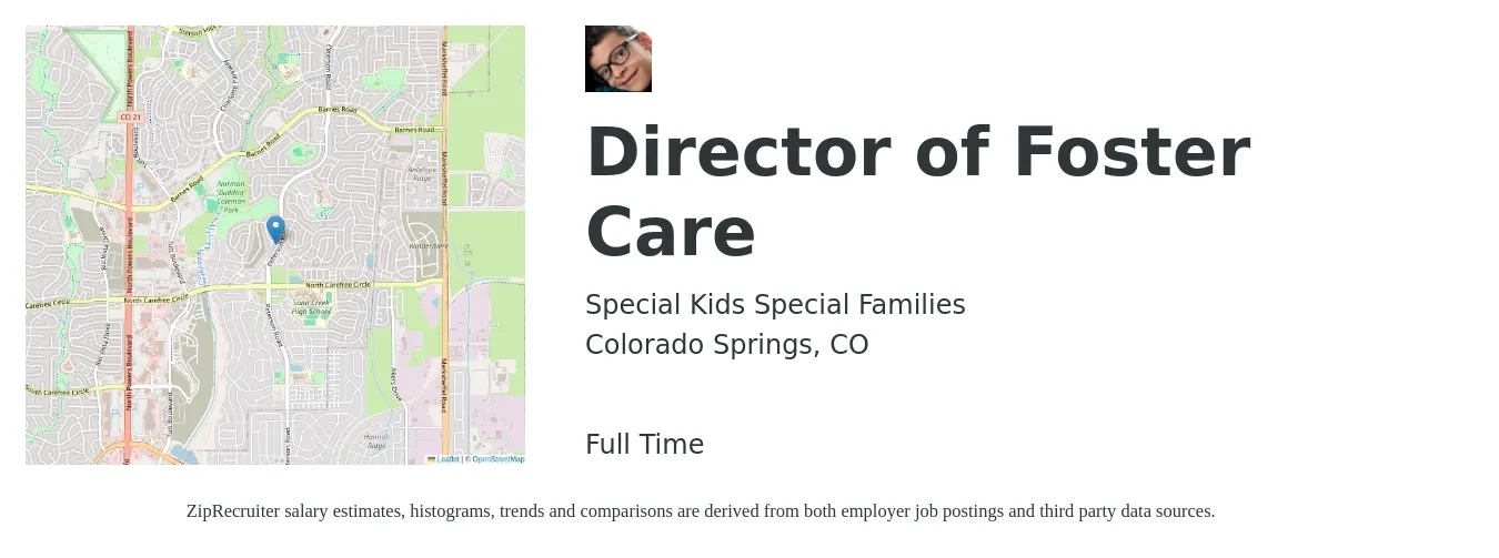 Special Kids Special Families job posting for a Director of Foster Care in Colorado Springs, CO with a salary of $65,000 to $75,000 Yearly with a map of Colorado Springs location.