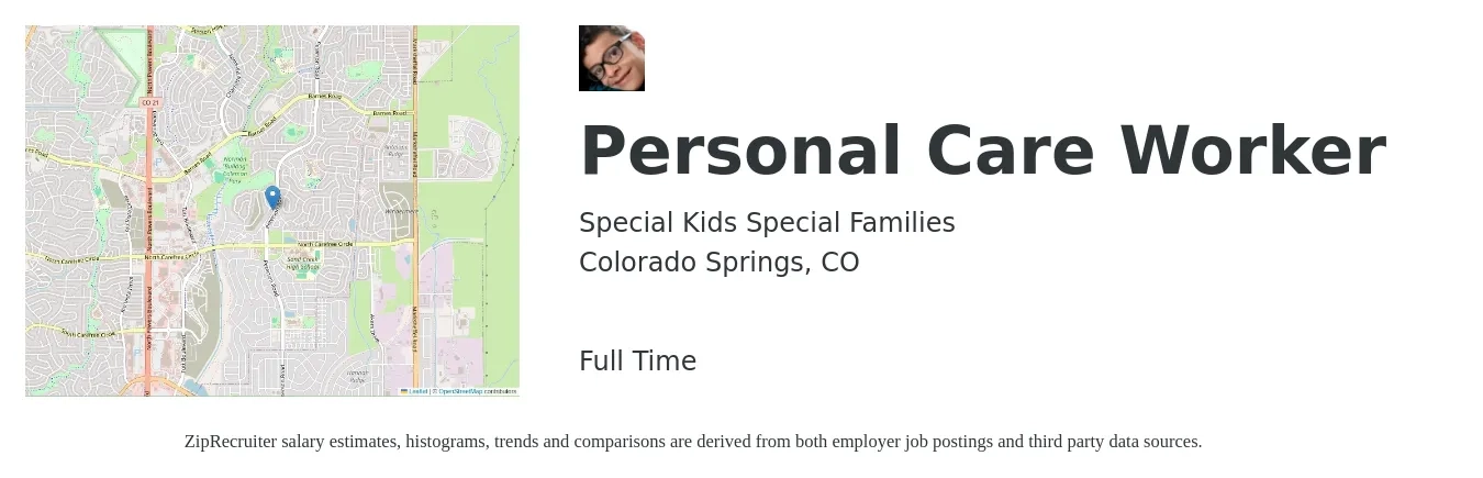 Special Kids Special Families job posting for a Personal Care Worker in Colorado Springs, CO with a salary of $12 to $15 Hourly with a map of Colorado Springs location.