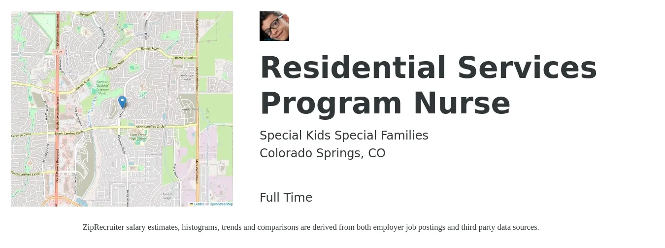 Special Kids Special Families job posting for a Residential Services Program Nurse in Colorado Springs, CO with a salary of $39,000 to $57,300 Yearly with a map of Colorado Springs location.
